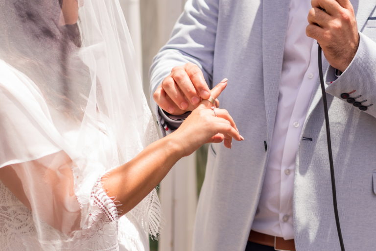 Bride and groom exchanging wedding rings