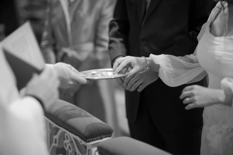 Church wedding ceremony with bride and groom at the altar