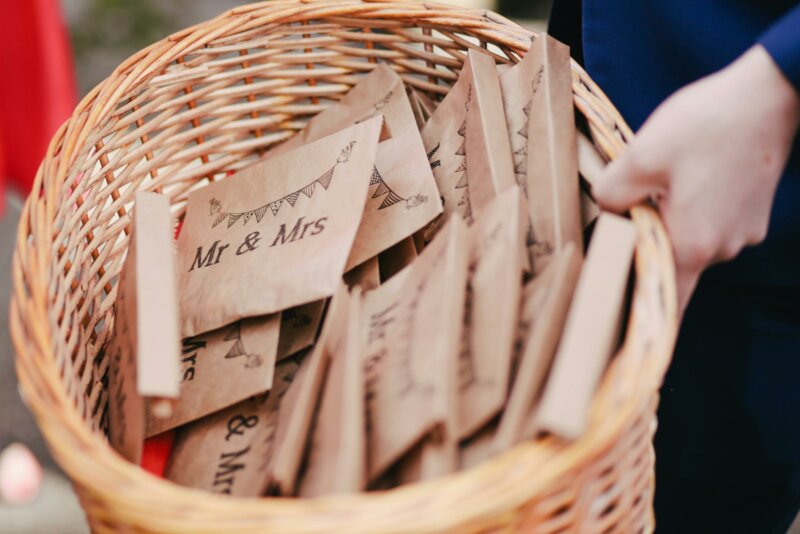 Printed wedding favors in a basket