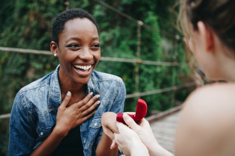 Wedding proposal with a ring and a happy woman