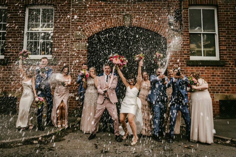 Wedding party with confettis