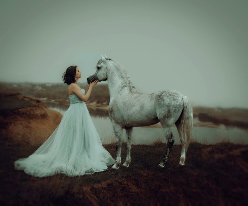 Mariée en bleu avec un cheval