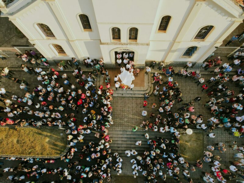 Wedding in front of a church from above